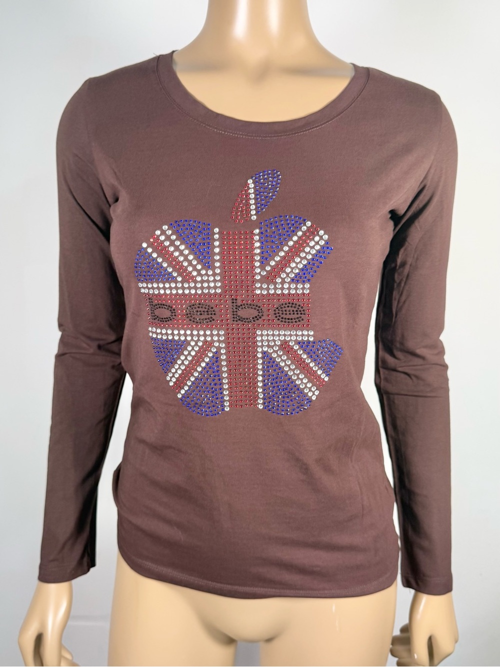 bebe Women's NWT Size Large Long-Sleeve Rhinestone Union Jack Tee Vintage Y2K